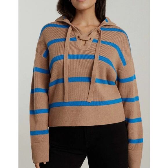 Everlane Lace Up Smock Sweater Knit Chestnut Brown Blue Striped Wool NWT - Picture 1 of 8